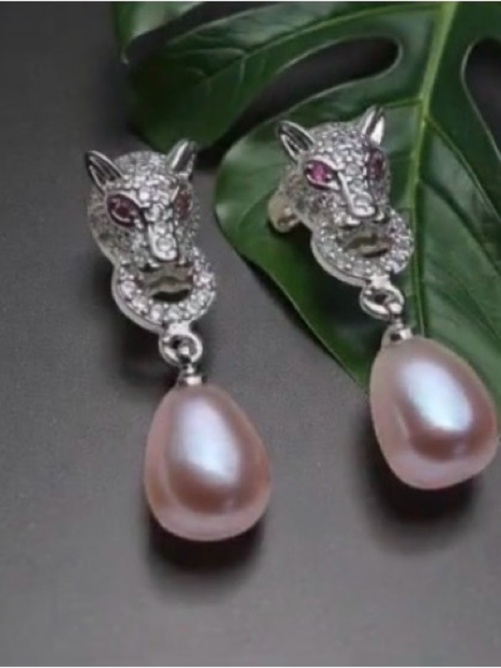Silver Panther Drop Earrings with Pink Pearl Teardrops